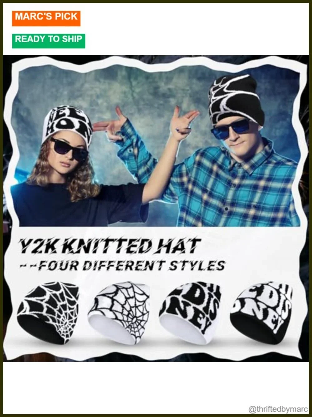 Set of 4 Double Sided Y2K Graphic Beanies - Acrylic Knitted Winter Hats